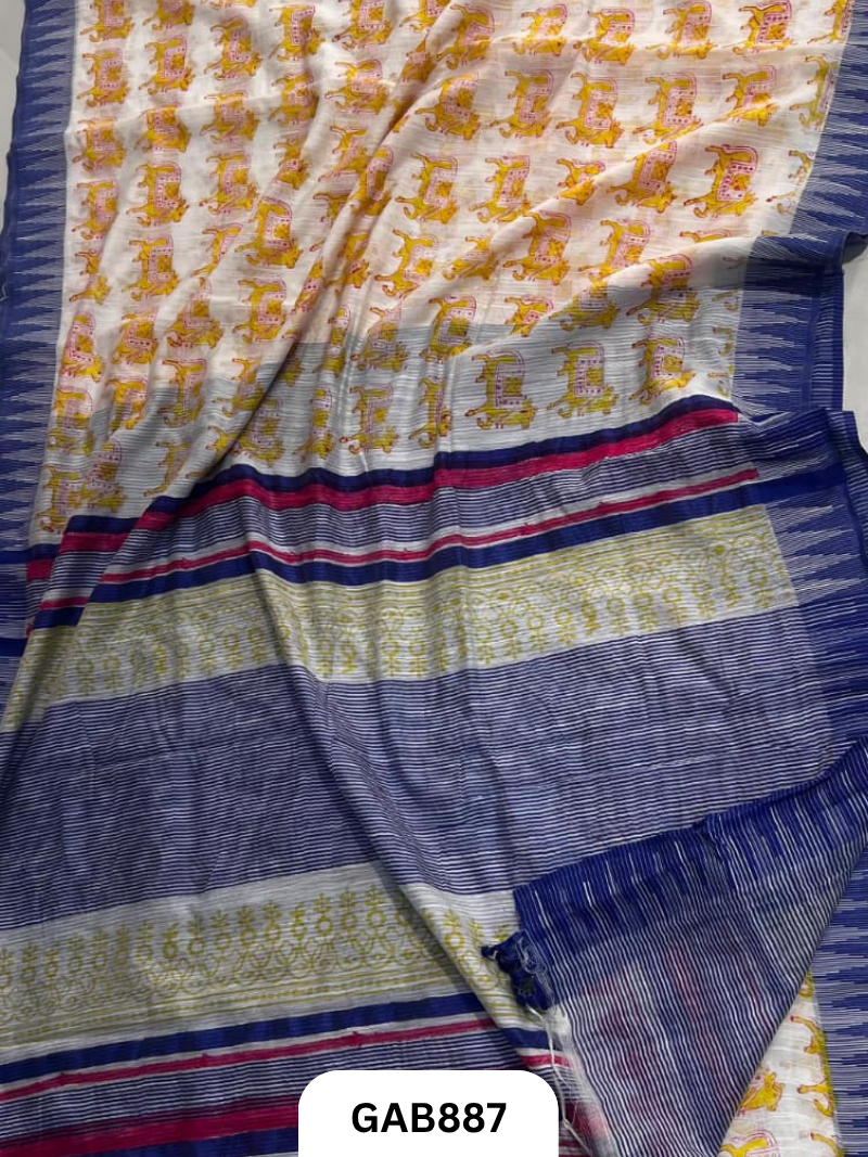 Temple Zari Border Hand Block Printed Katan Cotton Silk Saree With Running Blouse