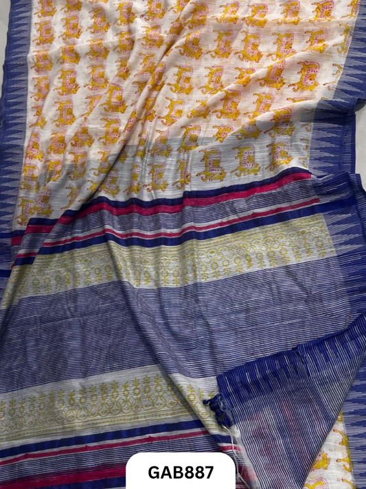 Temple Zari Border Hand Block Printed Katan Cotton Silk Saree With Running Blouse