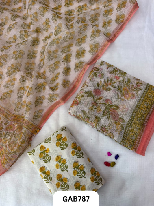 HandBlock Printed Kota Doriya Suit With Kota Doriya Duppta Cotton bottom | 2.5 mtr
