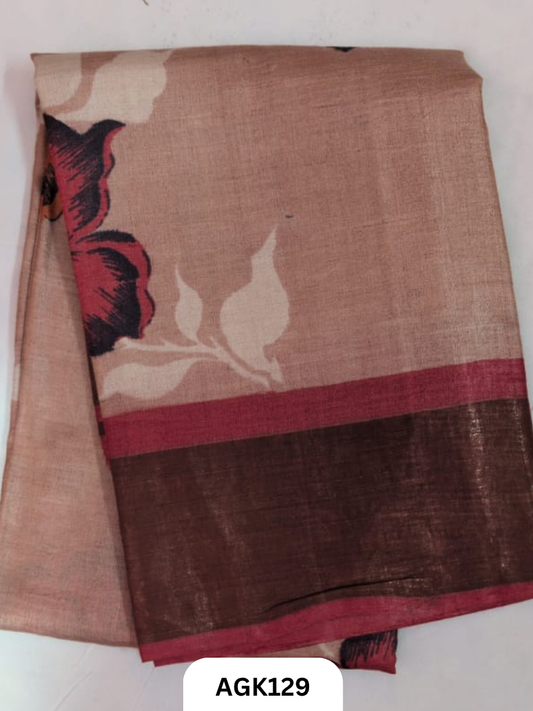 PREMIUM QUALITY  ZARI BORDER TUSSAR HAND BLOCK PRINTING WORK  WITH BLOUSE PIECE  SILK MARK CERTIFIED