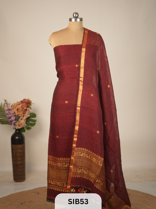 FUSION PURE LINEN INTO KANCHIPURAM SALWAR SUIT - HANDLOOM