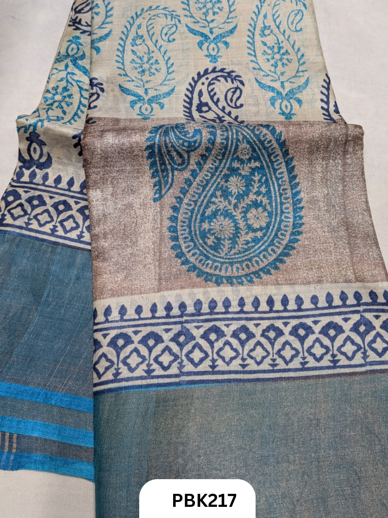 Premium Pure Tussar Silk Handblock Print Saree – Kolkata Special