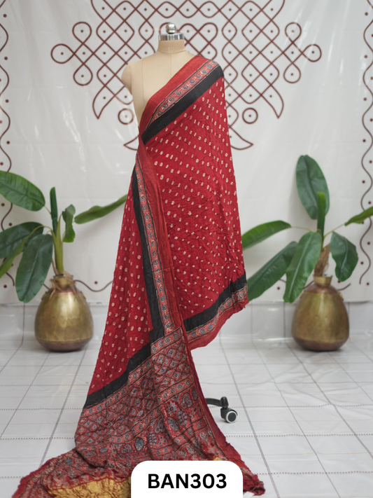 Modal Ajrakh With Bandhini Ladgi Patta Saree