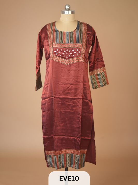 MASHRU KURTI WITH MIRROR WORK AND AJRAKH PRINT