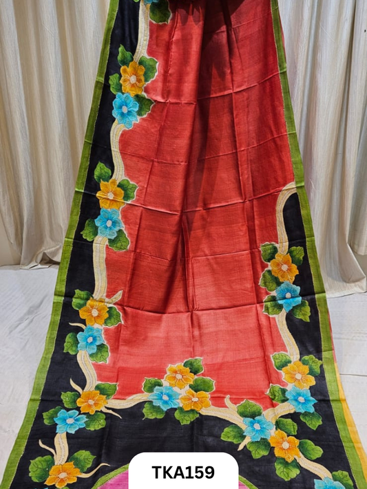 Pure Tussar ghicha silk with heavy embroidery with bishnupur hand painted exclusive saree