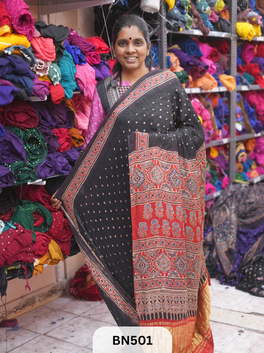AJRAKH TISSUE PALLU BORDER BANDHEJ SAREE