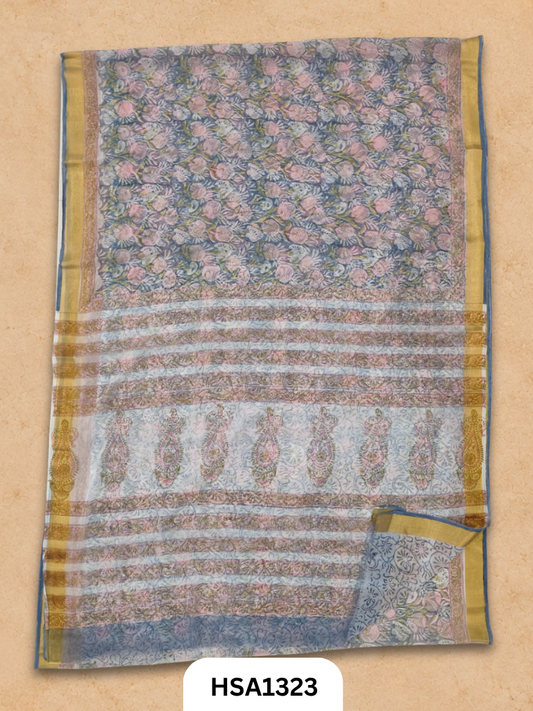 Chiffon Zari Border Saree - Hand Brush Painted