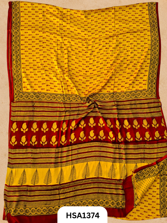 Modal Silk With Bagru Barg Print Sarees With Blouse