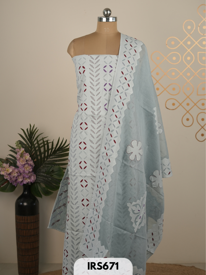 AJRAKH PRINTED TO WITH KOTA DORIA WITH HAND APLIQUE WORK DUPATTA SET