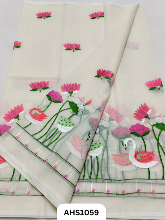 Kota Cotton Lotus & Swan Embroidery  Work Saree with Blouse