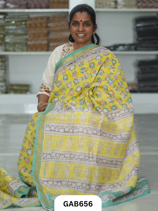 Hand Block Printed Maheshwari Silk Saree
