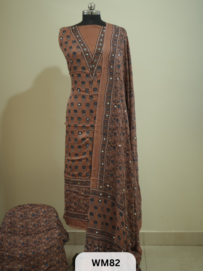 MODAL AJRAKH WITH GLUED MIRROR SALWAR SUIT - 3PCS