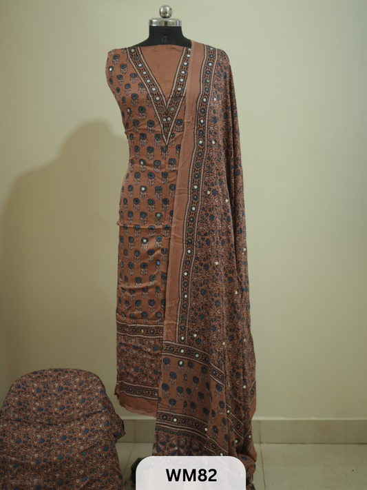 MODAL AJRAKH WITH GLUED MIRROR SALWAR SUIT - 3PCS