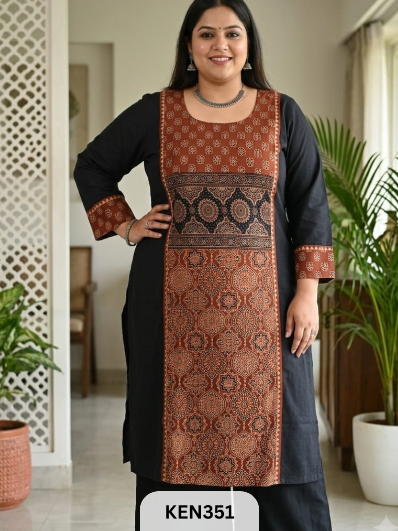 COTTON PLAIN KURTI WITH AJRAKH PANEL WITH POCKET