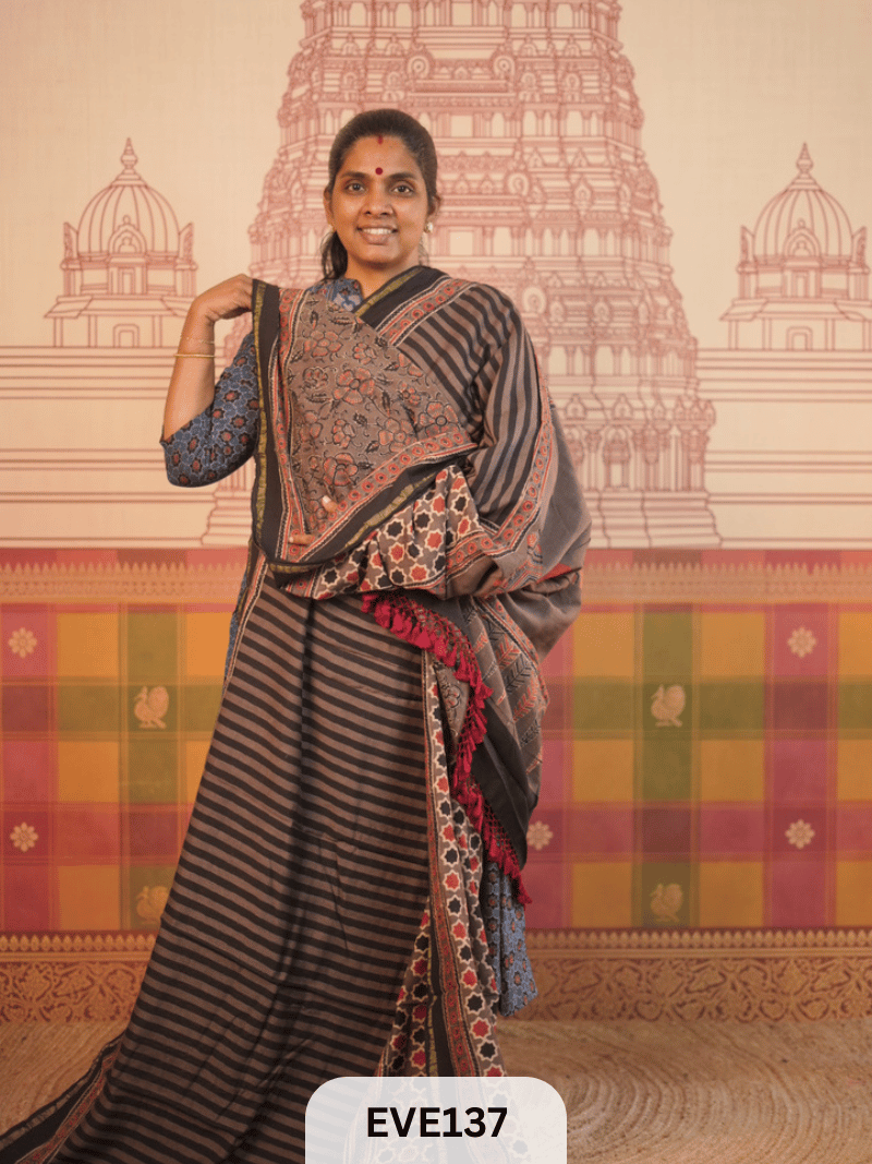 PURE CHANDERI SILK AJRAKH HANDBLOCK SAREE