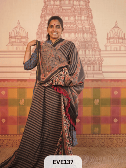 PURE CHANDERI SILK AJRAKH HANDBLOCK SAREE