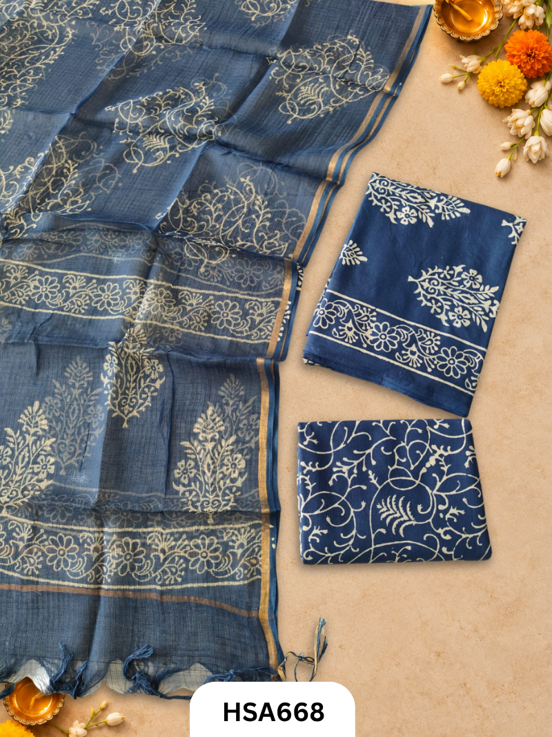 Handblock Printed Kota Doriya Dupatta With Cotton Suits Top 2.5mtr Dupatta 2.5mtr