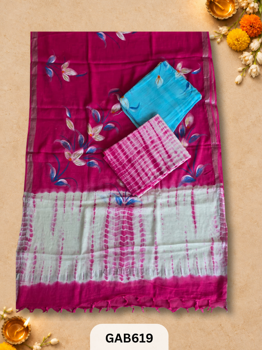 Bagru Hand Block Printed Linen Suits With Zari Border