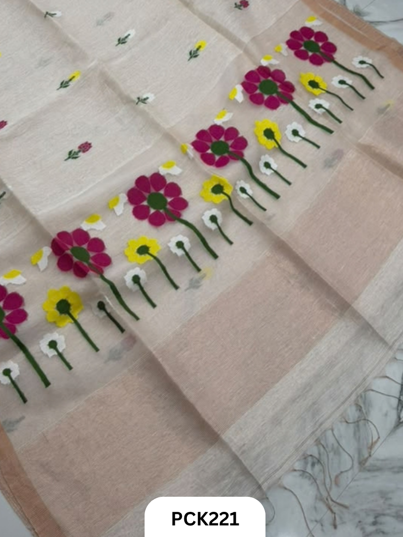 Pure Handloom Linen Silk Saree with Jamdani Weave