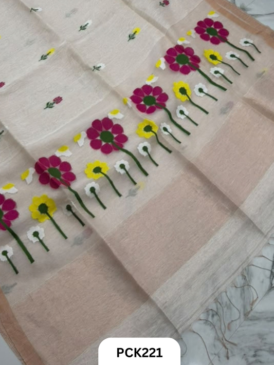 Pure Handloom Linen Silk Saree with Jamdani Weave