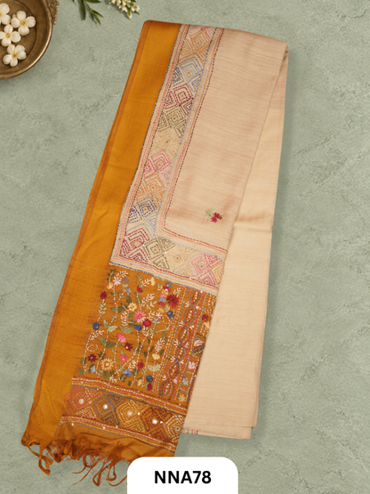 Handloom Pure Tussar Silk - Maheshwari Border and Bullion With Kantha Stitch Saree