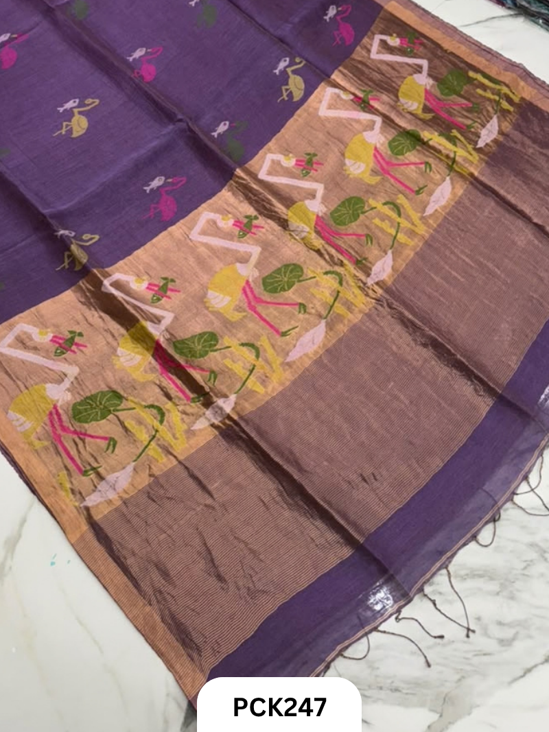 Handloom Pure Linen Silk Saree With Jamdhani Weave | Tissue Pallu