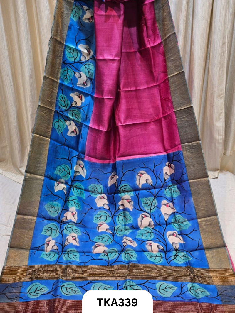 Zari Border Tussar Hand Painted Saree