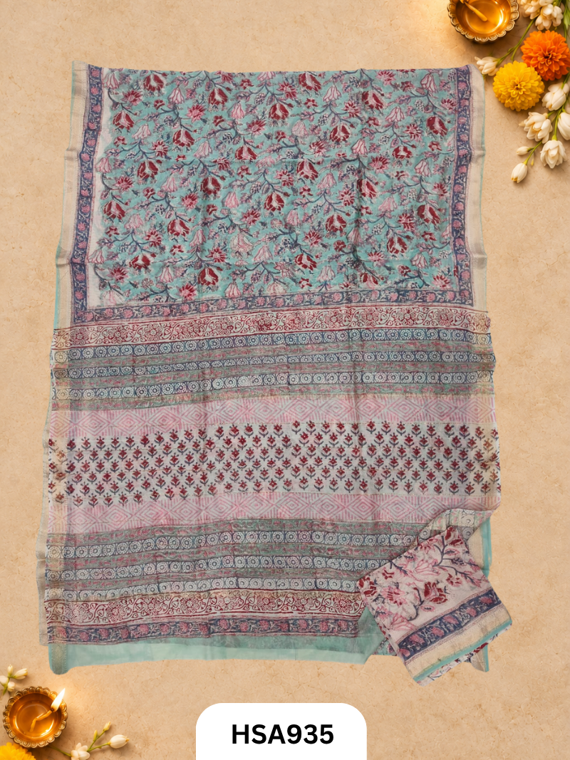 Pure Maheswari Silk Cotton - Handblock Print Saree With Blouse