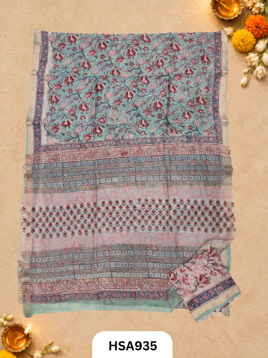 Pure Maheswari Silk Cotton - Handblock Print Saree With Blouse