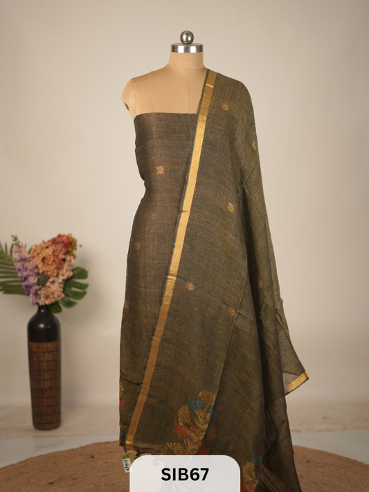 FUSION PURE LINEN INTO KANCHIPURAM SALWAR SUIT - HANDLOOM