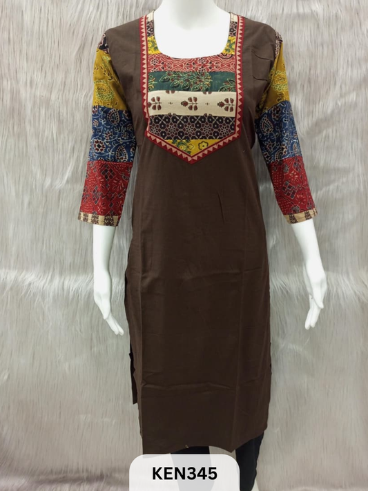 COTTON PLAIN KURTI WITH AJRAKH PATCHWORK YOKE WITH POCKET