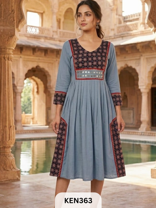 COTTON NATURAL &PLAIN COMBINATION FROCK STYLE KURTI WITH MIRROR WORK
