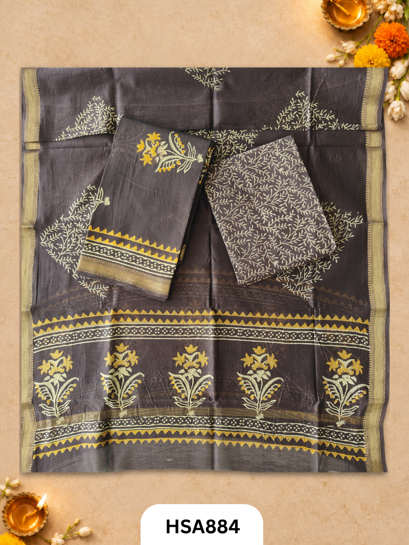 HandBlock Printed Maheshwari Silk Zari Border Top & dupttas 2.5 Mtrs | Bottom cotton 2.50 mtrs