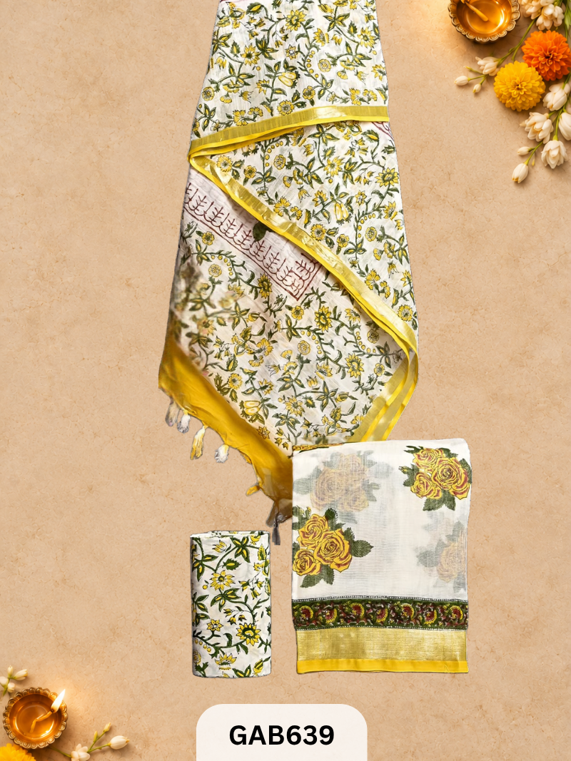 Bagru Hand Block Printed Linen Suits With Zari Border