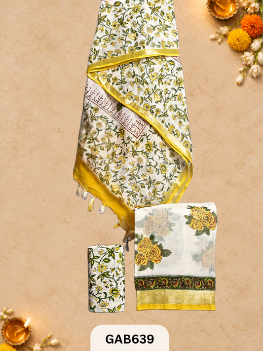 Bagru Hand Block Printed Linen Suits With Zari Border