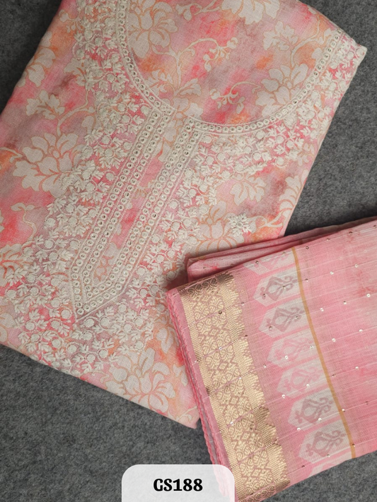 Linen Cotton with Chanderi Border - Peach Elite