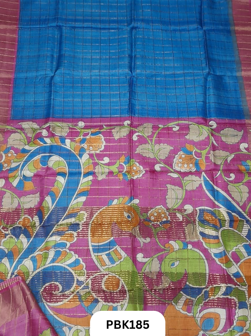 Pure Tussar Silk Saree with Checked design  Plain Body with Kalamkari Design in Pallu