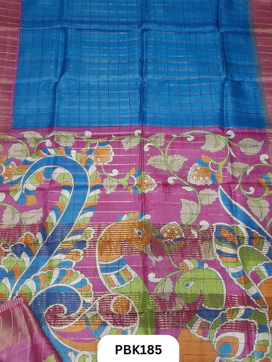 Pure Tussar Silk Saree with Checked design  Plain Body with Kalamkari Design in Pallu