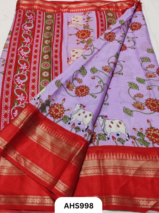 Heavy Kota Doria Saree With Beautiful Pichwai Print & Bentex Woven Border
