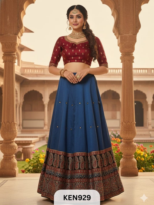MASHRU NATURAL PLAIN &PRINTED KALI SKIRT WITH MIRROR WORK