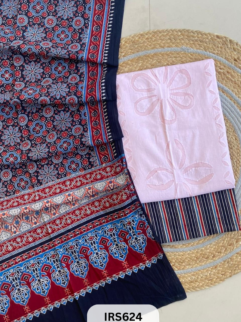 RAJASTHANI HAND STITCHED APLIQUE DYED TOP & BOTTOM WITH AJRAKH DUPATTA