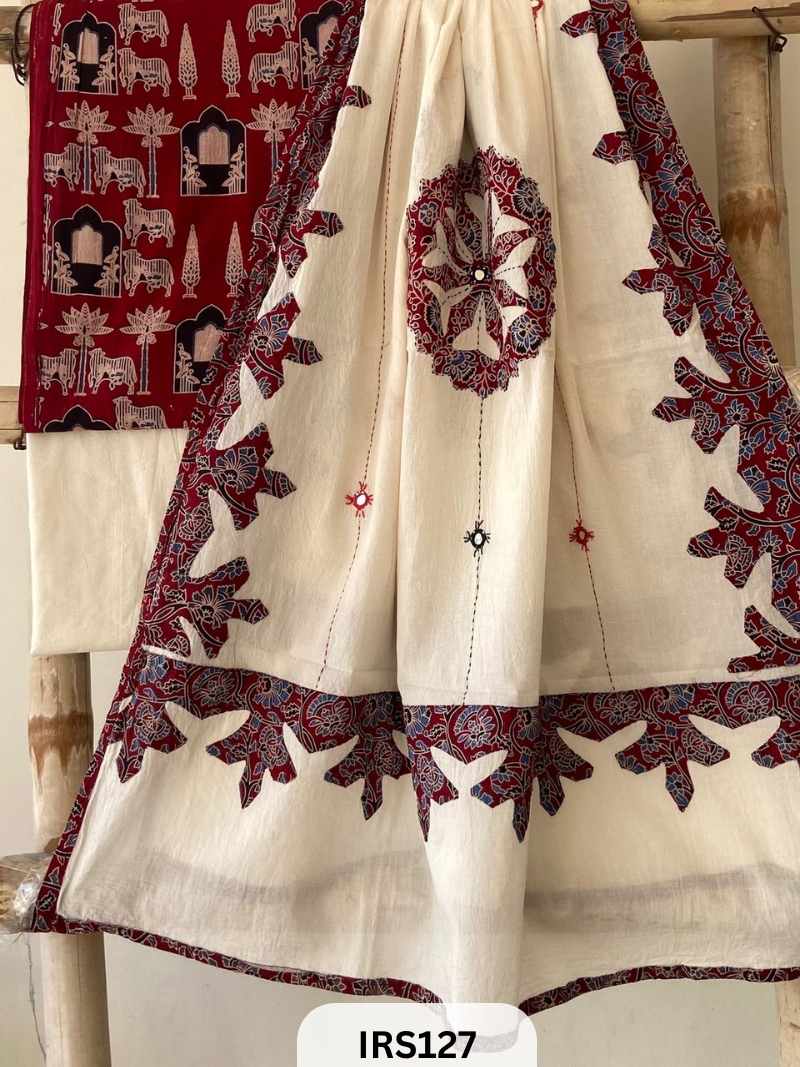 AJARAKH PRINT SUIT PCS WITH PATCH WORK AND MIRROR WORK DUPATTA