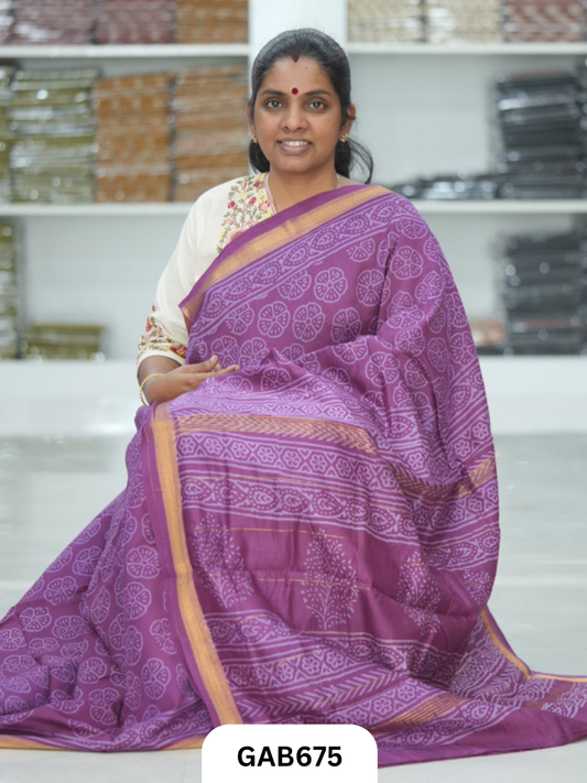 Hand Block Printed Maheshwari Silk Saree