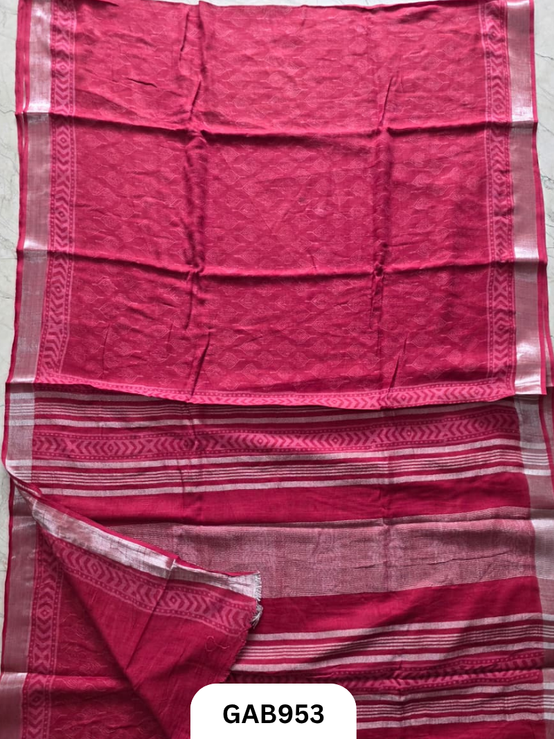 Bagru Handblock Print Linen Saree With Attached Blouse