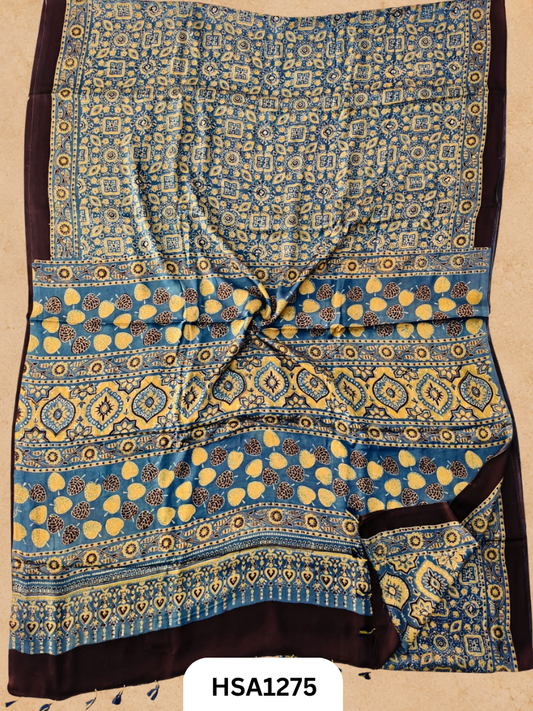 Natural Dye Vegetable Hand Block Print Ajrakh Print Pure Modal Silk Saree