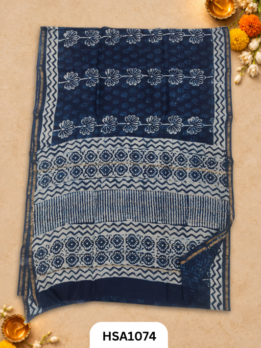 Pure Hand Block Printed Chanderi Silk Saree With Printed Blouse