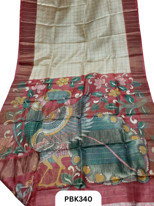 Pure Handloom Check Zari Tussar Silk Saree