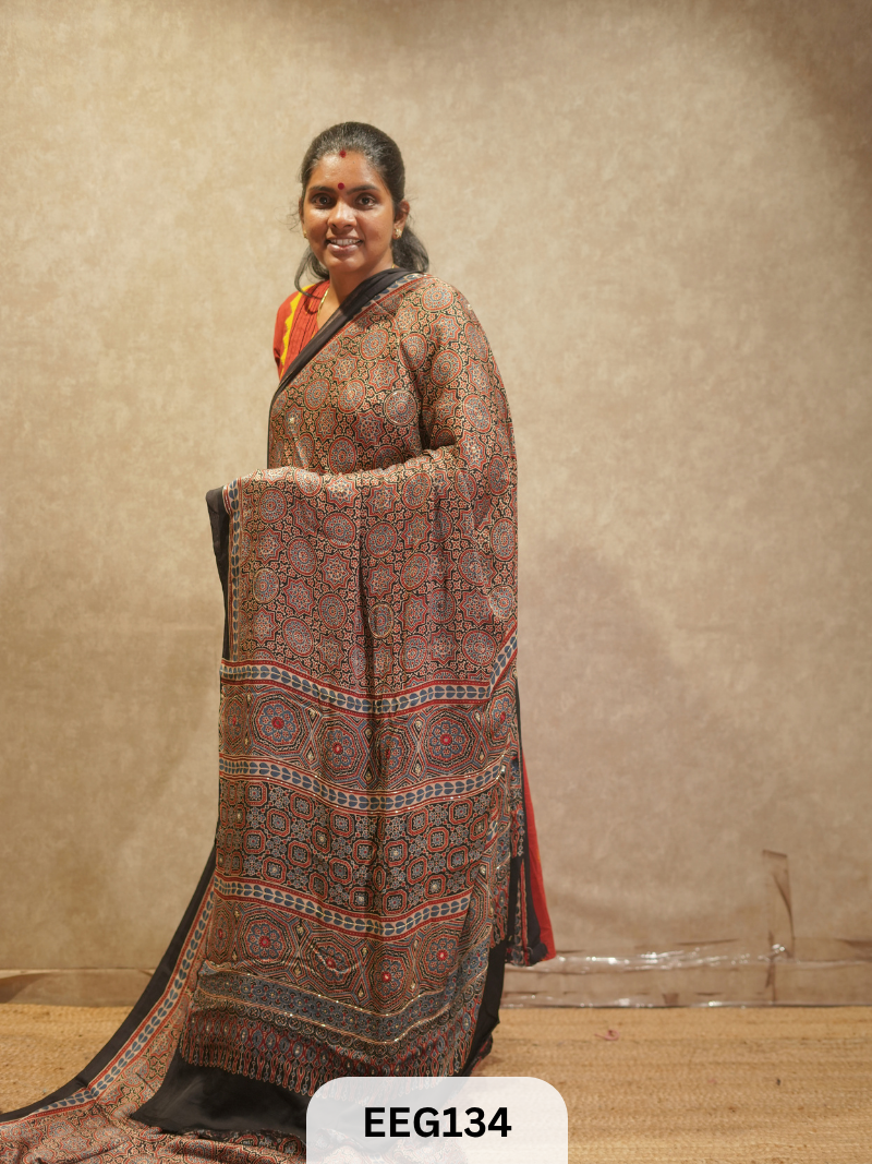 AJRAKH MODAL SAREE WITH KHATLI HANDWORK