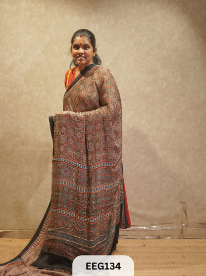 AJRAKH MODAL SAREE WITH KHATLI HANDWORK