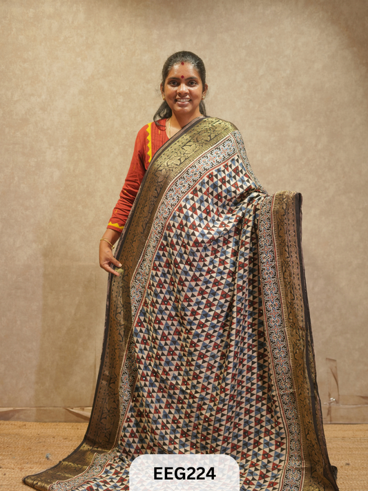 AJRAKH DOLA SILK SAREE WITH MIRROR WORK - IMMEDIATE DISPATCH